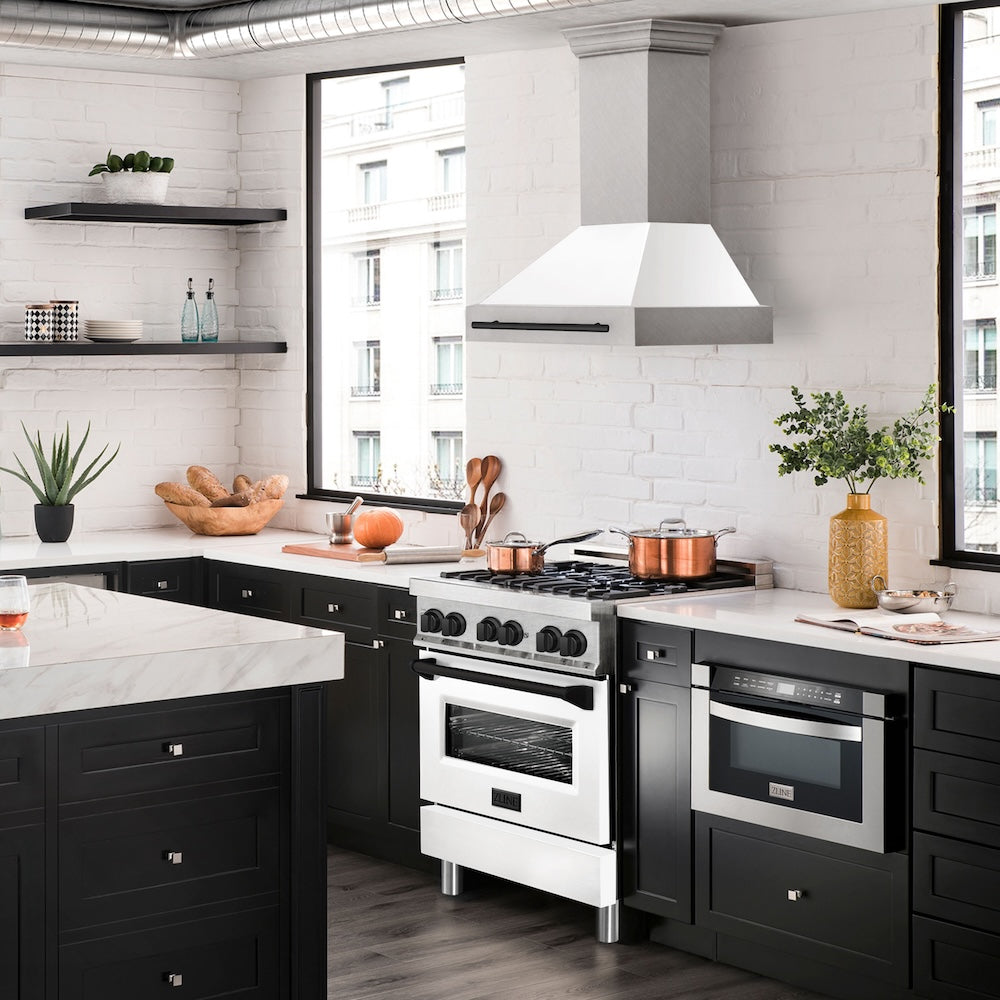 ZLINE Autograph Edition 30 in. Satin Stainless Steel Wall Mount Range Hood with White Matte Shell and Accent Handle (8654SNZ-WM30)