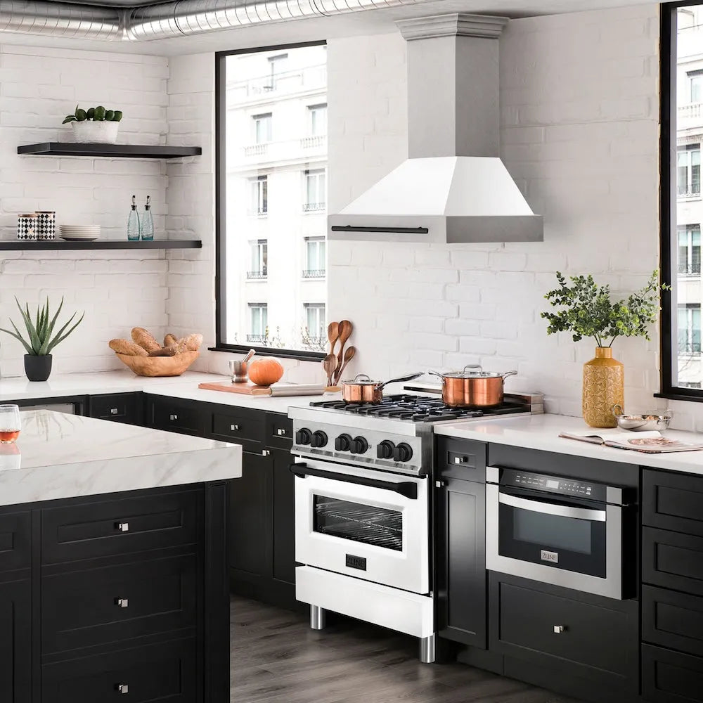 ZLINE Autograph Edition 30 in. Satin Stainless Steel Wall Mount Range Hood with White Matte Shell and Accent Handle (8654SNZ-WM30)