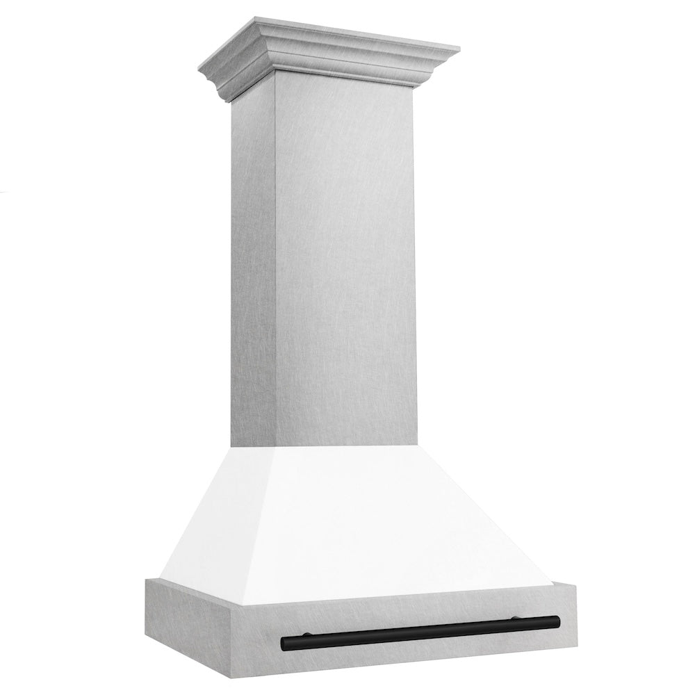 ZLINE Autograph Edition 30 in. Satin Stainless Steel Wall Mount Range Hood with White Matte Shell and Accent Handle (8654SNZ-WM30)