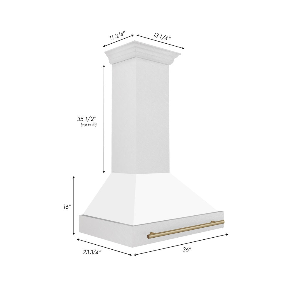 ZLINE Autograph Edition 36 in. Satin Stainless Steel Wall Mount Range Hood with White Matte Shell and Accent Handle (8654SNZ-WM36) dimensional diagram.