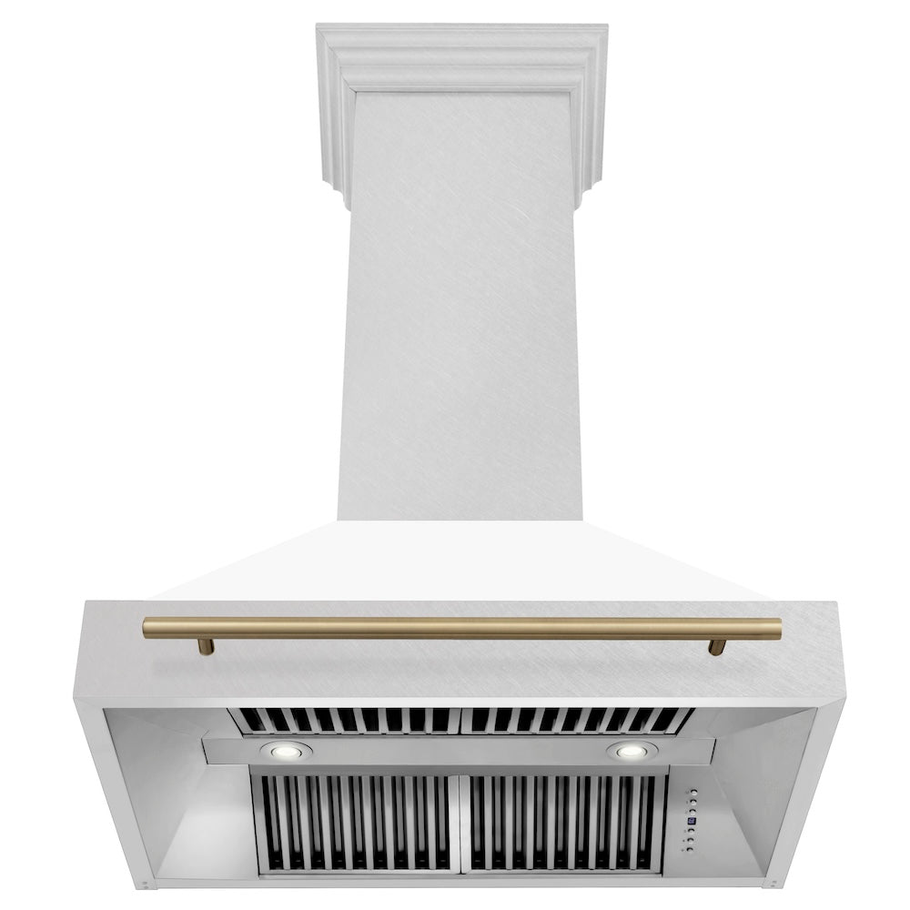 ZLINE Autograph Edition 36 in. Satin Stainless Steel Wall Mount Range Hood with White Matte Shell and Accent Handle (8654SNZ-WM36) front, under.