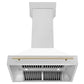 ZLINE Autograph Edition 36 in. Satin Stainless Steel Wall Mount Range Hood with White Matte Shell and Accent Handle (8654SNZ-WM36) front, under.