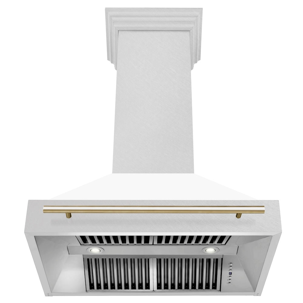 ZLINE Autograph Edition 36 in. Satin Stainless Steel Wall Mount Range Hood with White Matte Shell and Accent Handle (8654SNZ-WM36) front, under.