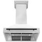 ZLINE Autograph Edition 36 in. Satin Stainless Steel Wall Mount Range Hood with White Matte Shell and Accent Handle (8654SNZ-WM36) front, under.