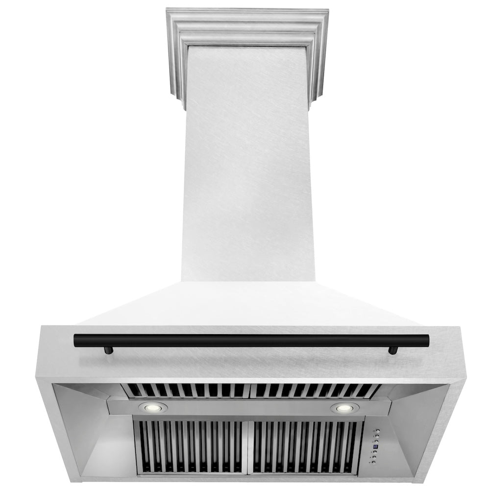 ZLINE Autograph Edition 36 in. Satin Stainless Steel Wall Mount Range Hood with White Matte Shell and Accent Handle (8654SNZ-WM36) front, under.