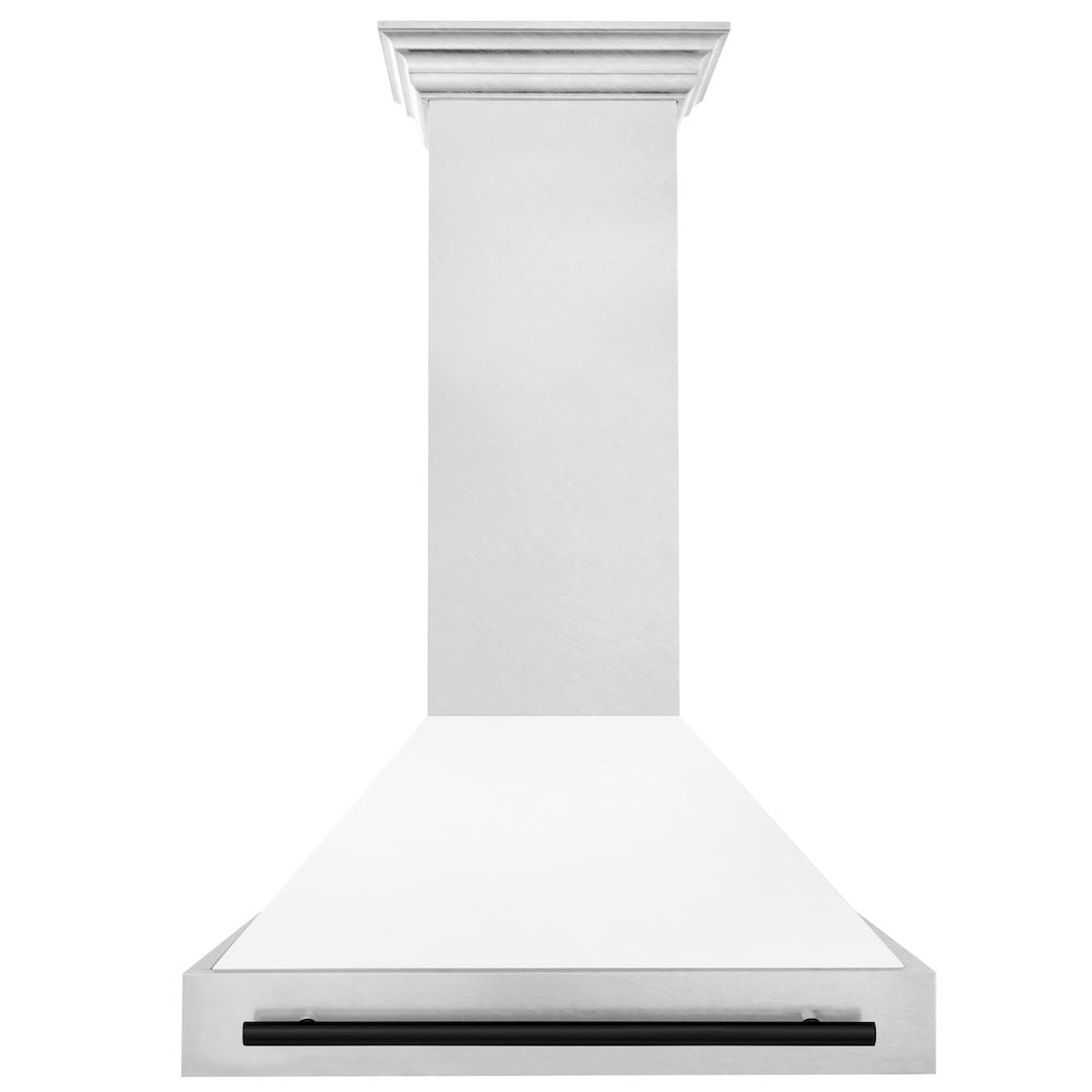 ZLINE Autograph Edition 36 in. Satin Stainless Steel Wall Mount Range Hood with White Matte Shell and Accent Handle (8654SNZ-WM36)