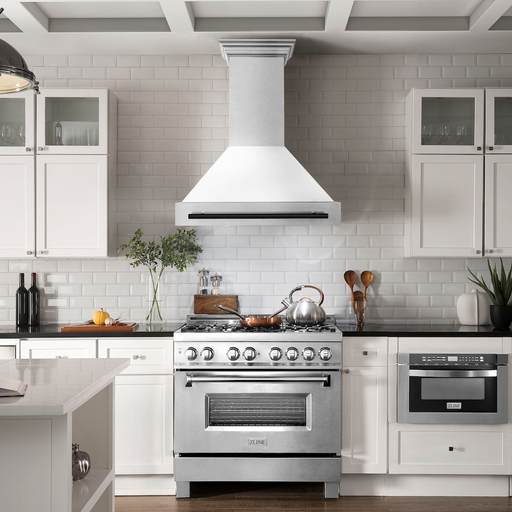 ZLINE Autograph Edition 36 in. Satin Stainless Steel Wall Mount Range Hood with White Matte Shell and Accent Handle (8654SNZ-WM36)