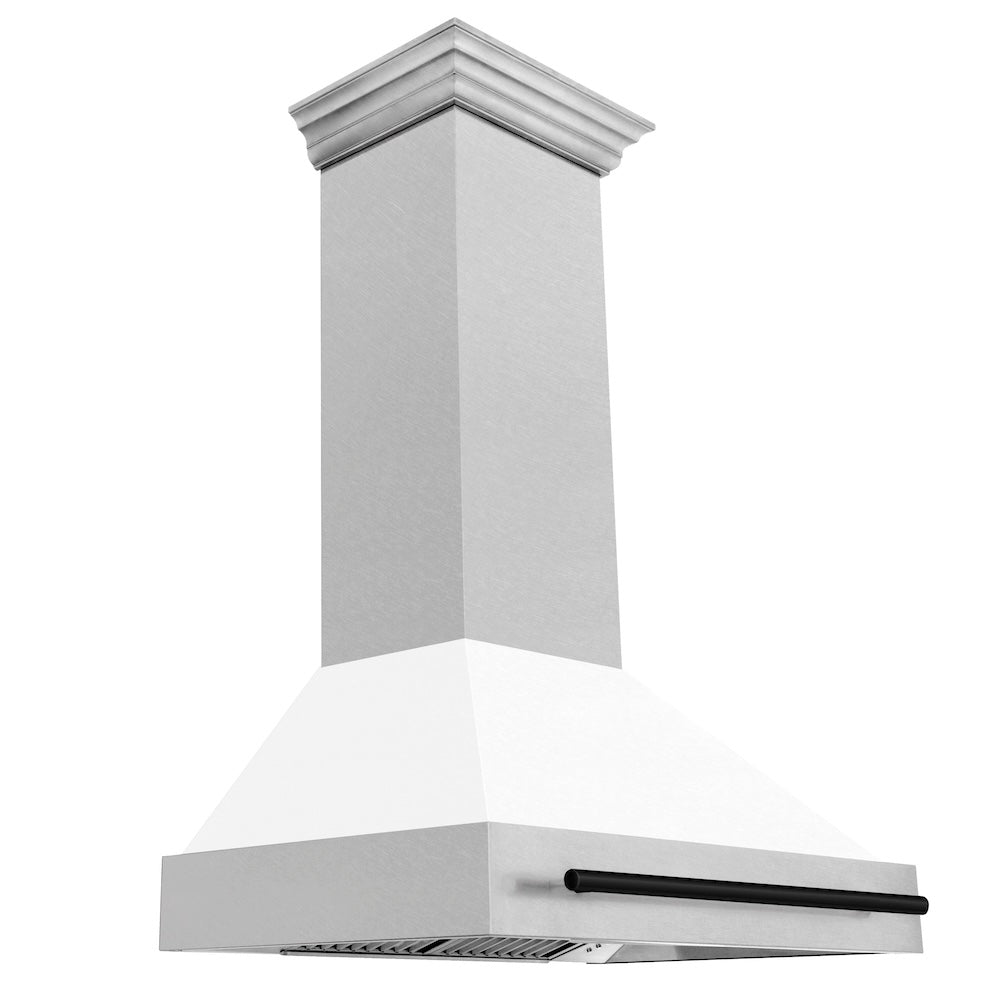 ZLINE Autograph Edition 36 in. Satin Stainless Steel Wall Mount Range Hood with White Matte Shell and Accent Handle (8654SNZ-WM36)