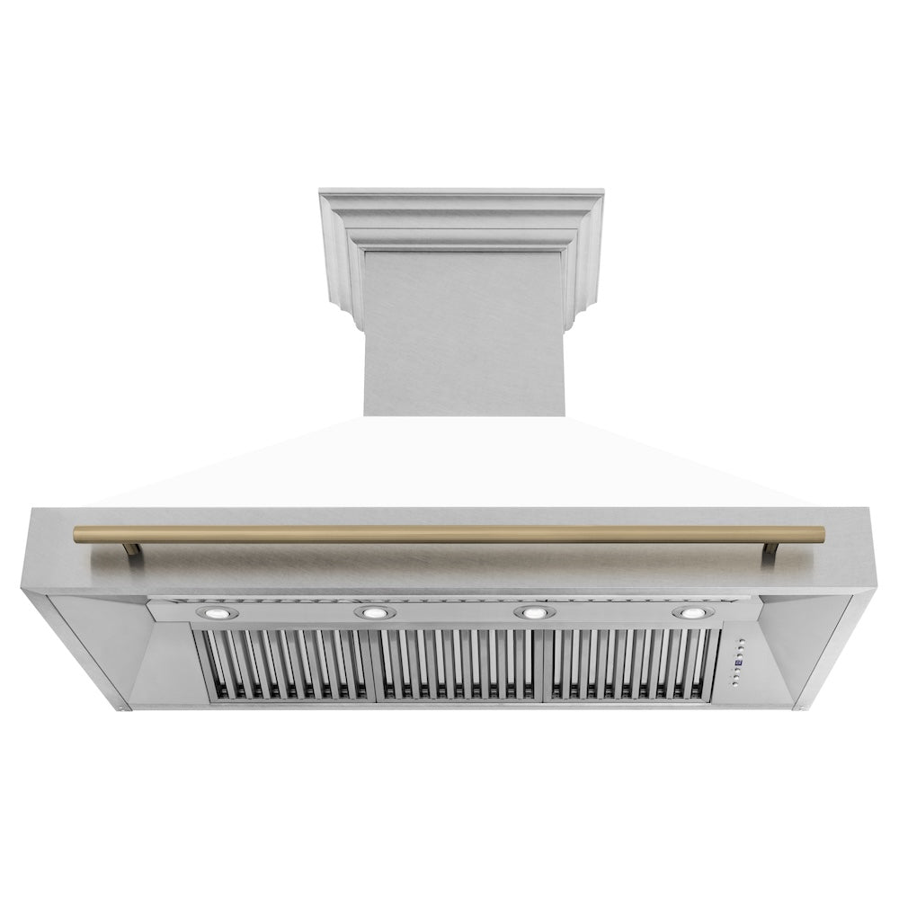 ZLINE Autograph Edition 48 in. Satin Stainless Steel Wall Mount Range Hood with White Matte Shell and Accent Handle (8654SNZ-WM48) front, under.