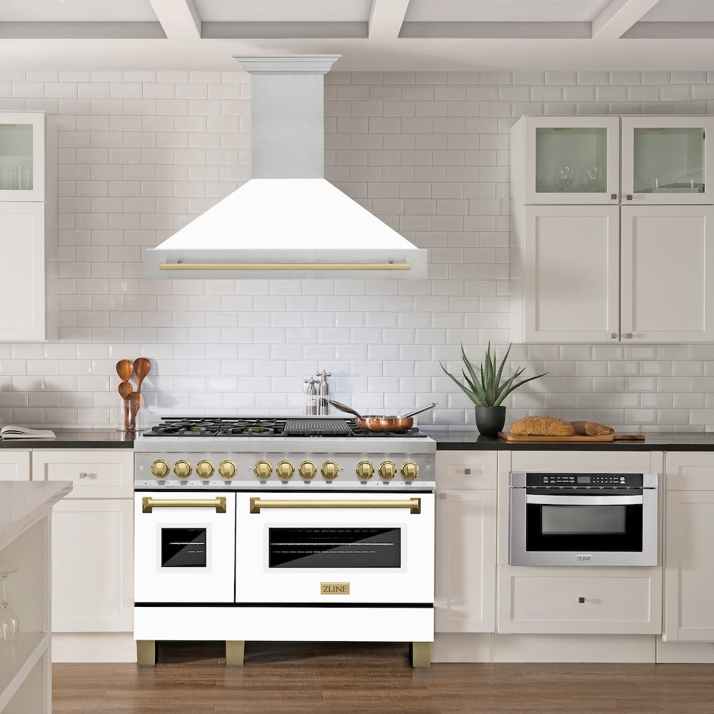 ZLINE Autograph Edition 48 in. Satin Stainless Steel Wall Mount Range Hood with White Matte Shell and Accent Handle (8654SNZ-WM48)