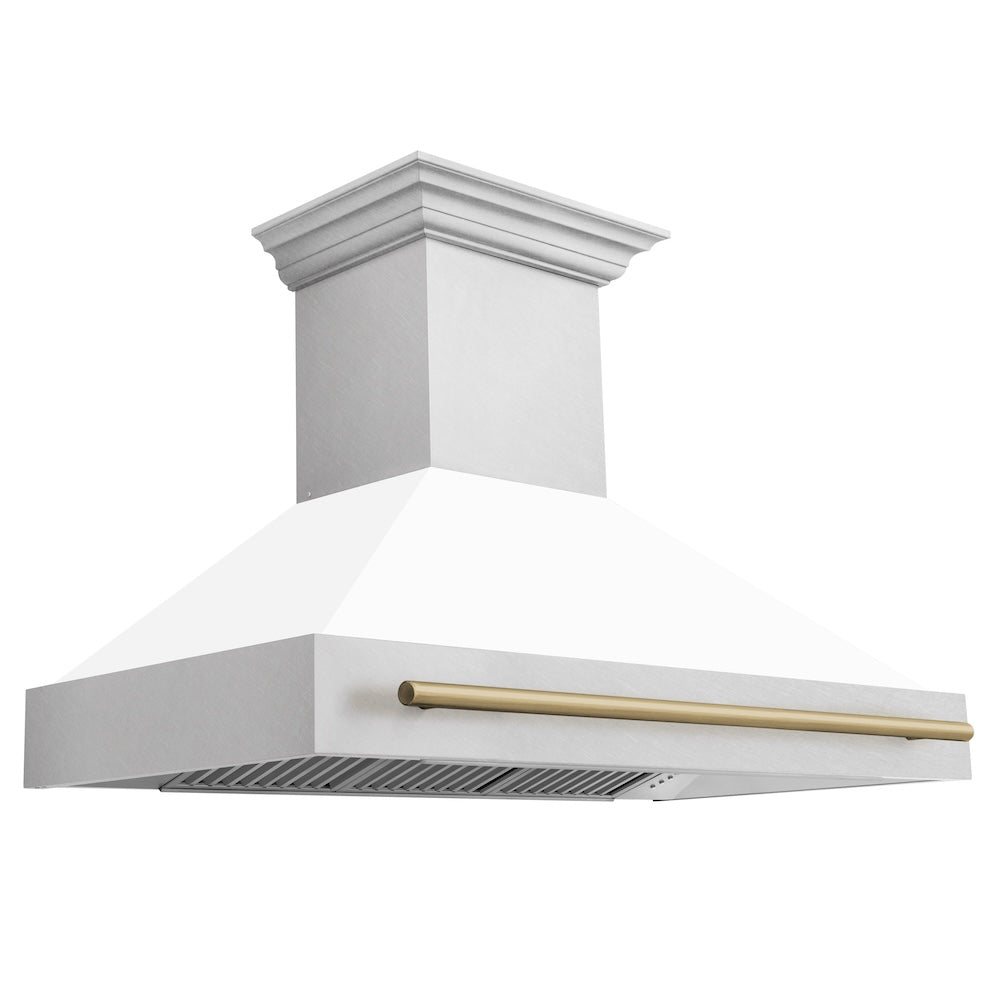ZLINE Autograph Edition 48 in. Satin Stainless Steel Wall Mount Range Hood with White Matte Shell and Accent Handle (8654SNZ-WM48) main image.