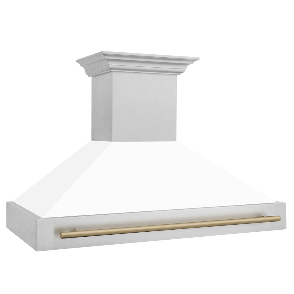 ZLINE Autograph Edition 48 in. Satin Stainless Steel Wall Mount Range Hood with White Matte Shell and Accent Handle (8654SNZ-WM48)