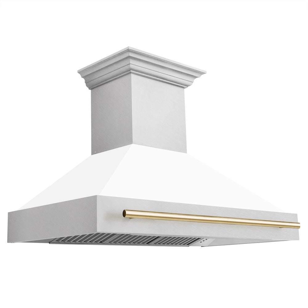 ZLINE Autograph Edition 48 in. Satin Stainless Steel Wall Mount Range Hood with White Matte Shell and Accent Handle (8654SNZ-WM48)
