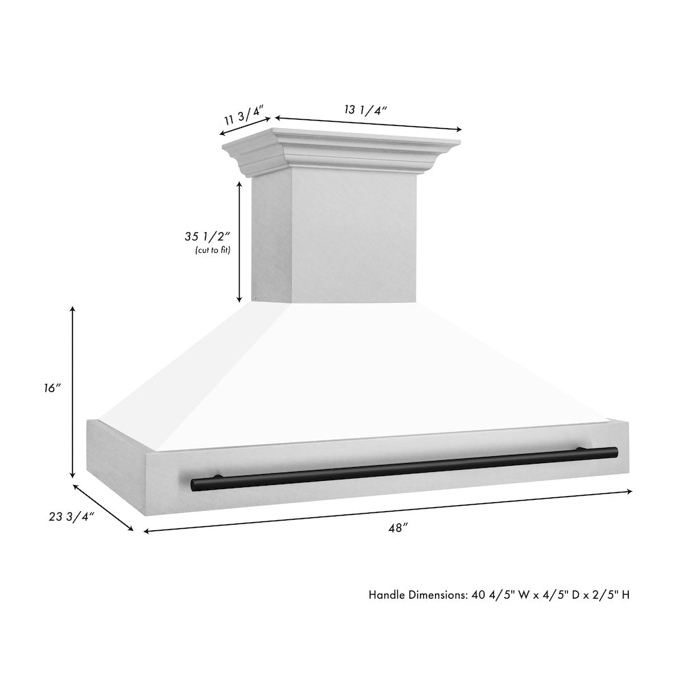 ZLINE Autograph Edition 48 in. Satin Stainless Steel Wall Mount Range Hood with White Matte Shell and Accent Handle (8654SNZ-WM48) dimensional diagram.