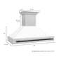 ZLINE Autograph Edition 48 in. Satin Stainless Steel Wall Mount Range Hood with White Matte Shell and Accent Handle (8654SNZ-WM48) dimensional diagram.