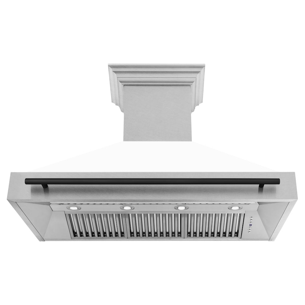 ZLINE Autograph Edition 48 in. Satin Stainless Steel Wall Mount Range Hood with White Matte Shell and Accent Handle (8654SNZ-WM48) front, under.