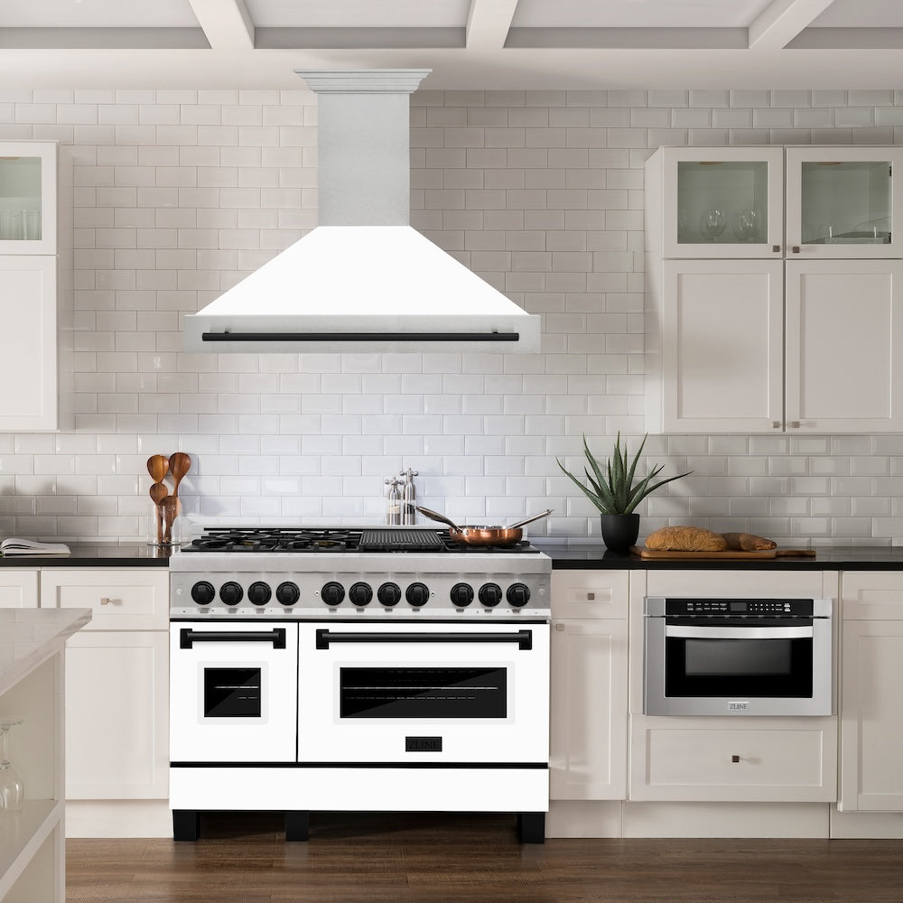 ZLINE Autograph Edition 48 in. Satin Stainless Steel Wall Mount Range Hood with White Matte Shell and Accent Handle (8654SNZ-WM48)