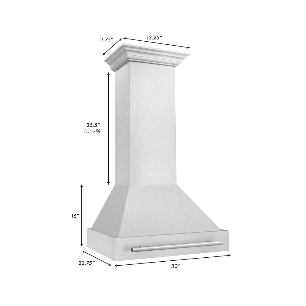 ZLINE 30 in. Satin Stainless Steel Wall Mount Range Hood with Colored Shell and Stainless Steel Handle (8654SNX-30) dimensional diagram.