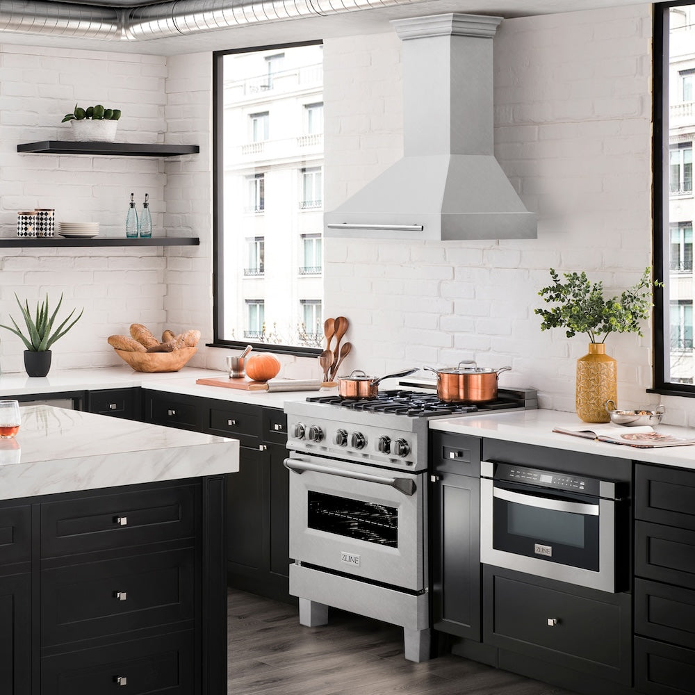 ZLINE 30 in. Satin Stainless Steel Wall Mount Range Hood with Colored Shell and Stainless Steel Handle (8654SNX-30)