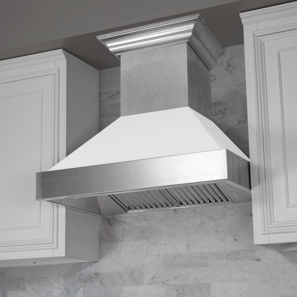 ZLINE Ducted Satin Stainless Steel Wall Mount Range Hood with White Matte Shell and Size Options (8654WM)