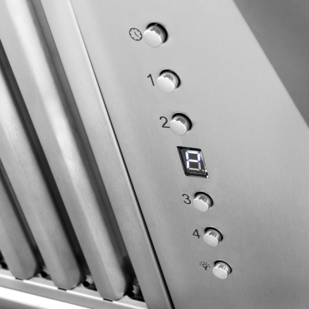 ZLINE Designer Series Wall Mount Range Hood in Satin Stainless Steel with Size Options (8656S) control panel with digital display and buttons.