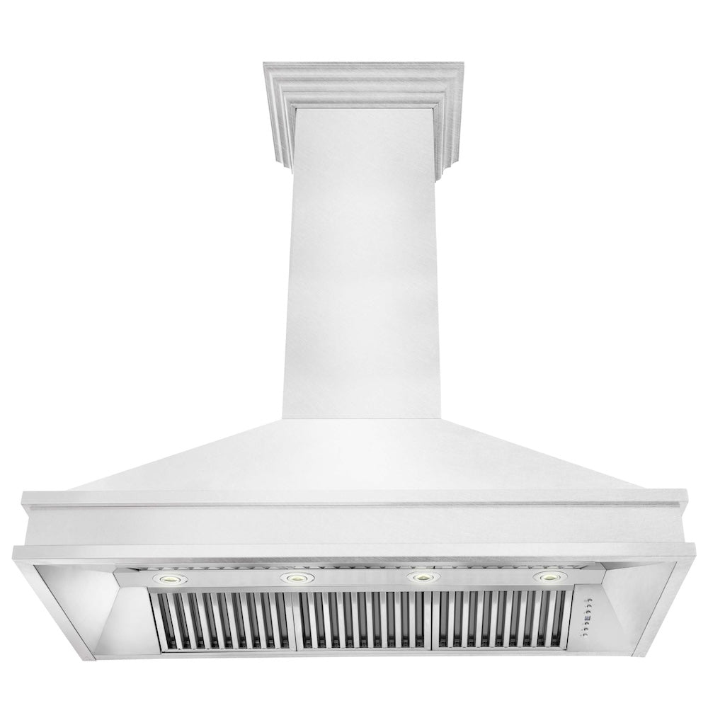 ZLINE Designer Series Wall Mount Range Hood in Satin Stainless Steel with Size Options (8656S) front, under.