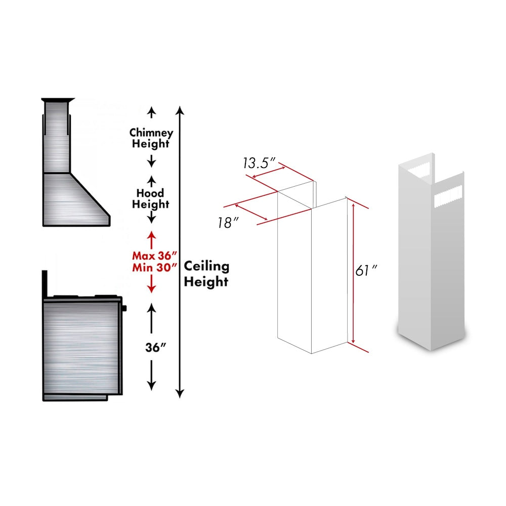 ZLINE 61 in. Satin Stainless Steel Chimney Extension for Ceilings up to 12.5 ft. (8687S-E) dimensional diagram.