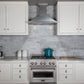ZLINE Designer Series Satin Stainless Steel Convertible Vent Wall Mount Range Hood (8KBS) in a kitchen with white cabinets, marble backsplash, and a blue pot on the range.