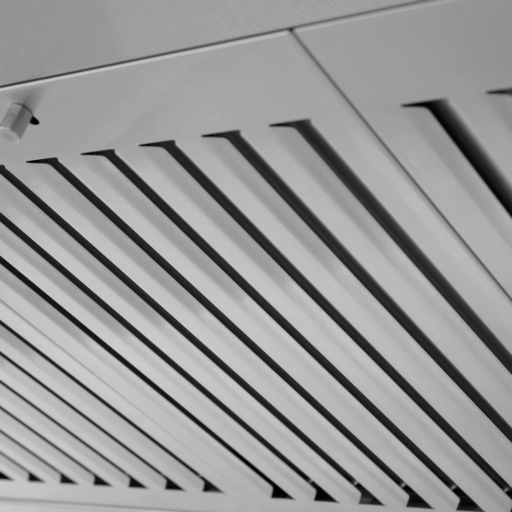 ZLINE Designer Series Satin Stainless Steel Convertible Vent Wall Mount Range Hood with Size Options (8KBS) dishwasher-safe stainless steel baffle filters.