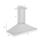 ZLINE Designer Series Satin Stainless Steel Convertible Vent Wall Mount Range Hood with Size Options (8KBS) dimensional diagram.