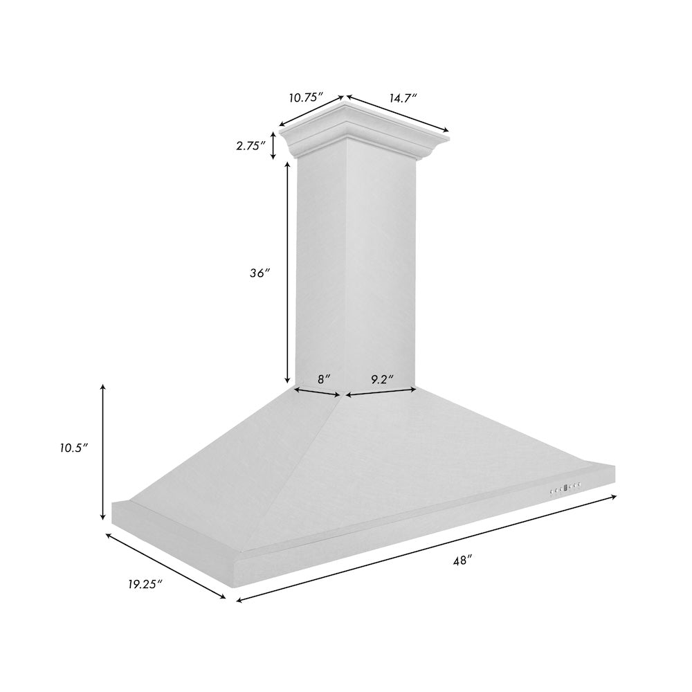 ZLINE Designer Series Satin Stainless Steel Convertible Vent Wall Mount Range Hood with Size Options (8KBS) dimensional diagram.