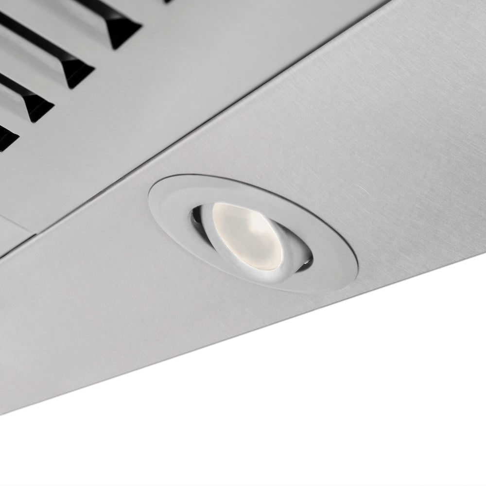 ZLINE Designer Series Satin Stainless Steel Convertible Vent Wall Mount Range Hood with Size Options (8KBS) built-in lighting.