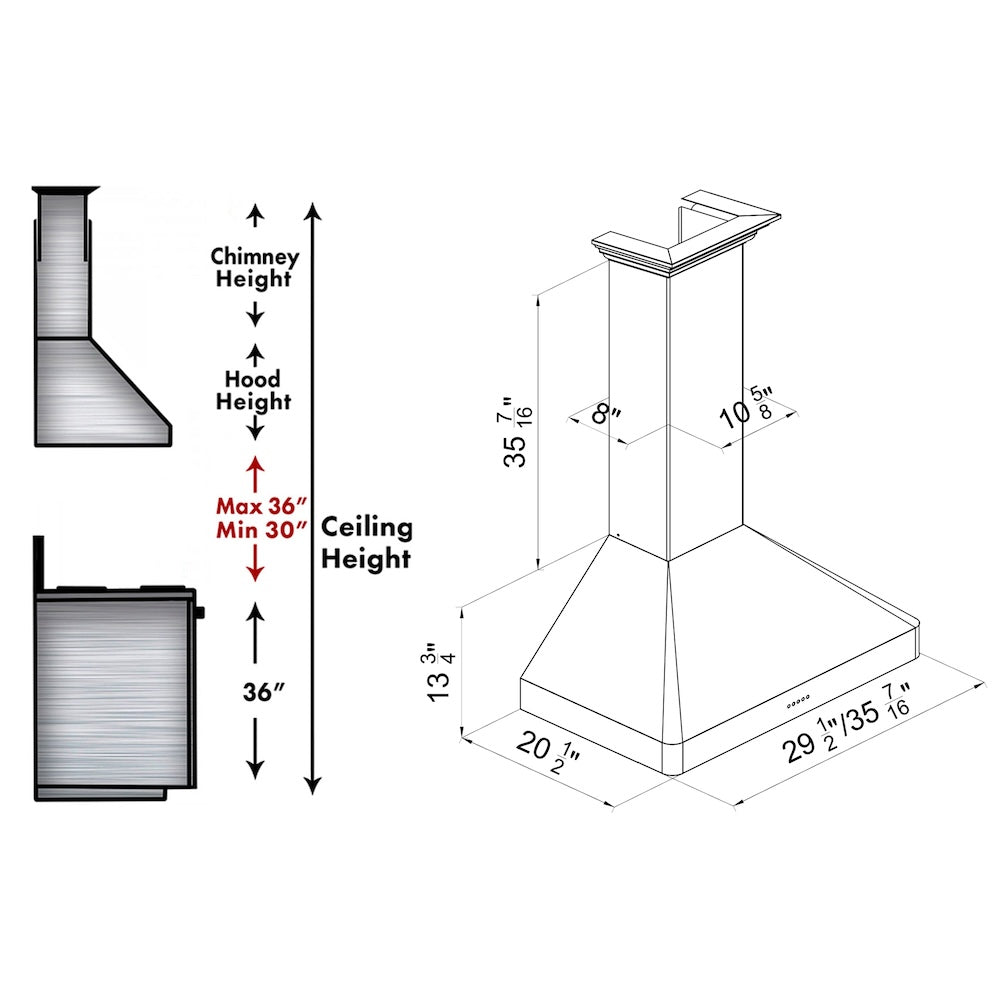 ZLINE Ducted Wall Mount Range Hood in Satin Stainless Steel with Size Options (8KF2S) dimensional diagram.
