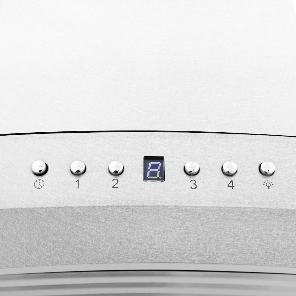 ZLINE Convertible Vent Wall Mount Range Hood in Satin Stainless Steel and Glass with Size Options (8KN4S) control panel with digital display and buttons.