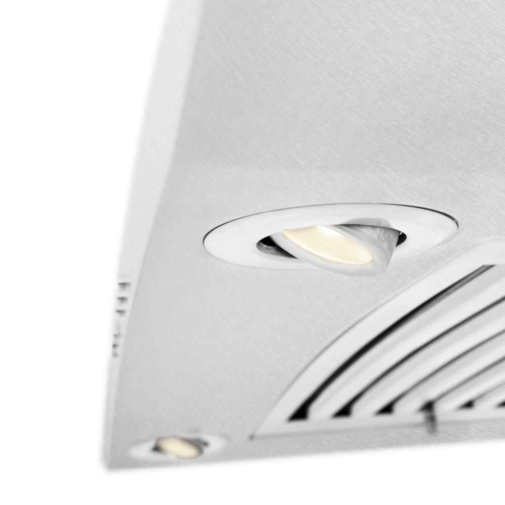 ZLINE Convertible Vent Wall Mount Range Hood in Satin Stainless Steel and Glass with Size Options (8KN4S) built-in lighting.
