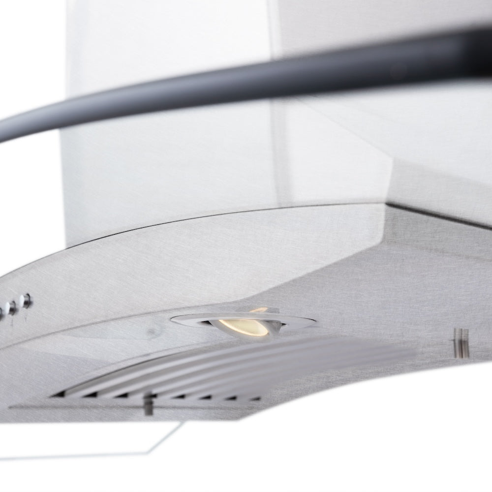 ZLINE Convertible Vent Wall Mount Range Hood in Satin Stainless Steel and Glass with Size Options (8KN4S) built-in lighting.