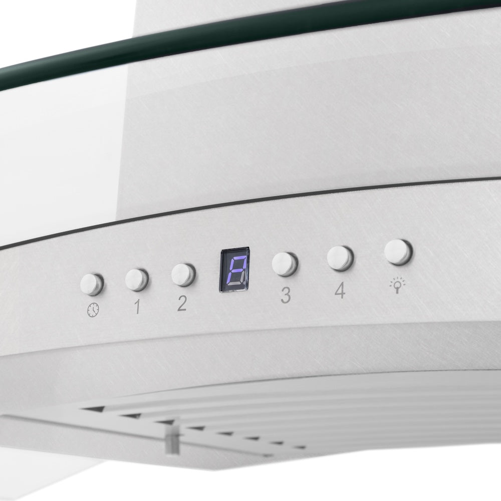 ZLINE Convertible Vent Wall Mount Range Hood in Satin Stainless Steel and Glass with Size Options (8KN4S) control panel with digital display and buttons.