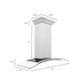 ZLINE Convertible Vent Wall Mount Range Hood in Satin Stainless Steel and Glass with Size Options (8KN4S) dimensional diagram.