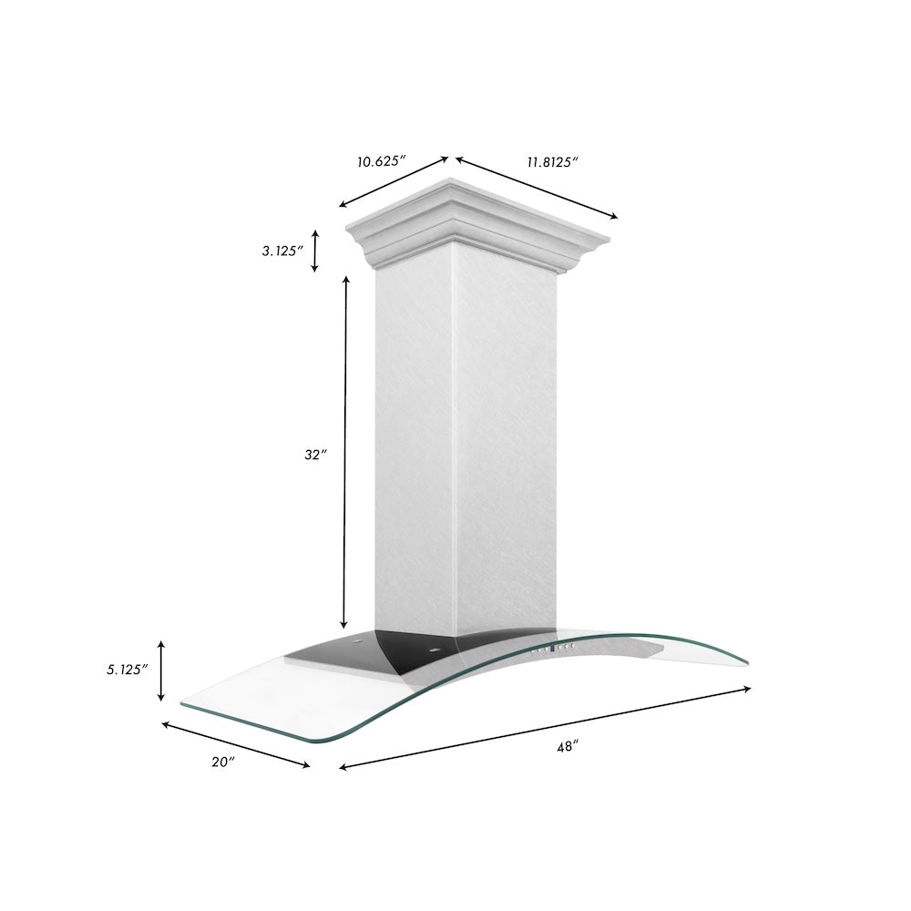 ZLINE Convertible Vent Wall Mount Range Hood in Satin Stainless Steel and Glass with Size Options (8KN4S) dimensional diagram.