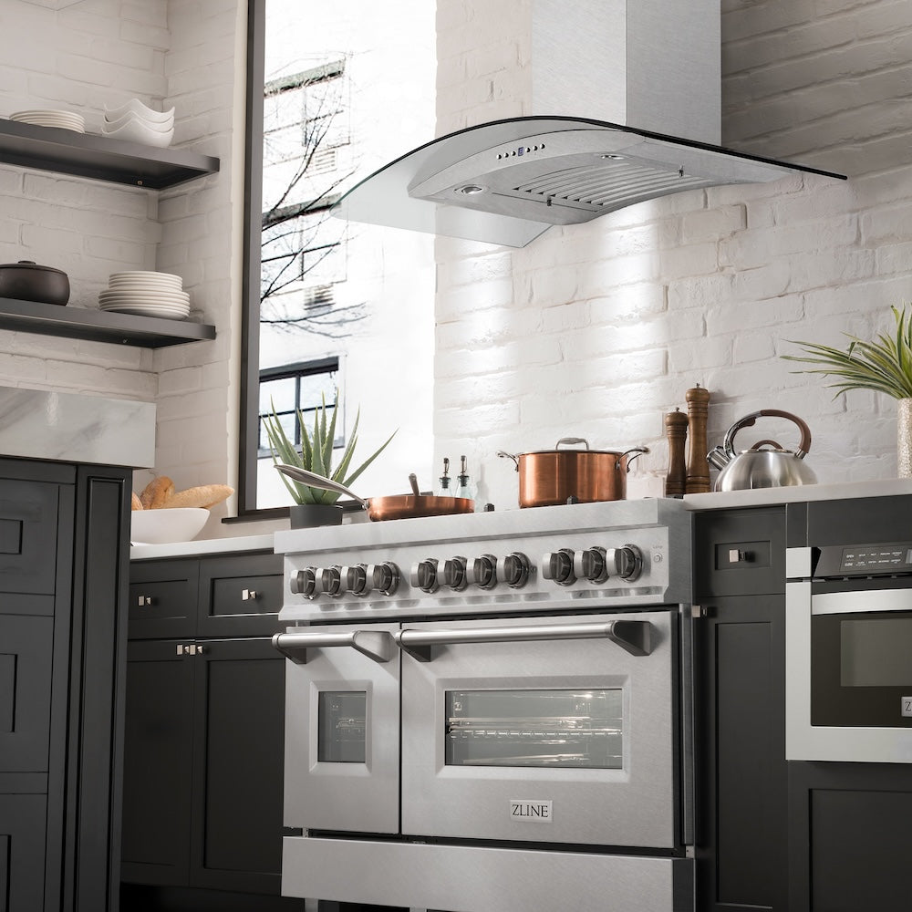 ZLINE Convertible Vent Wall Mount Range Hood in Satin Stainless Steel and Glass with Size Options (8KN4S)