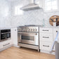 ZLINE Convertible Vent Wall Mount Range Hood in Satin Stainless Steel with Size Options (8KL3S) in a kitchen with stainless steel range and white cabinets