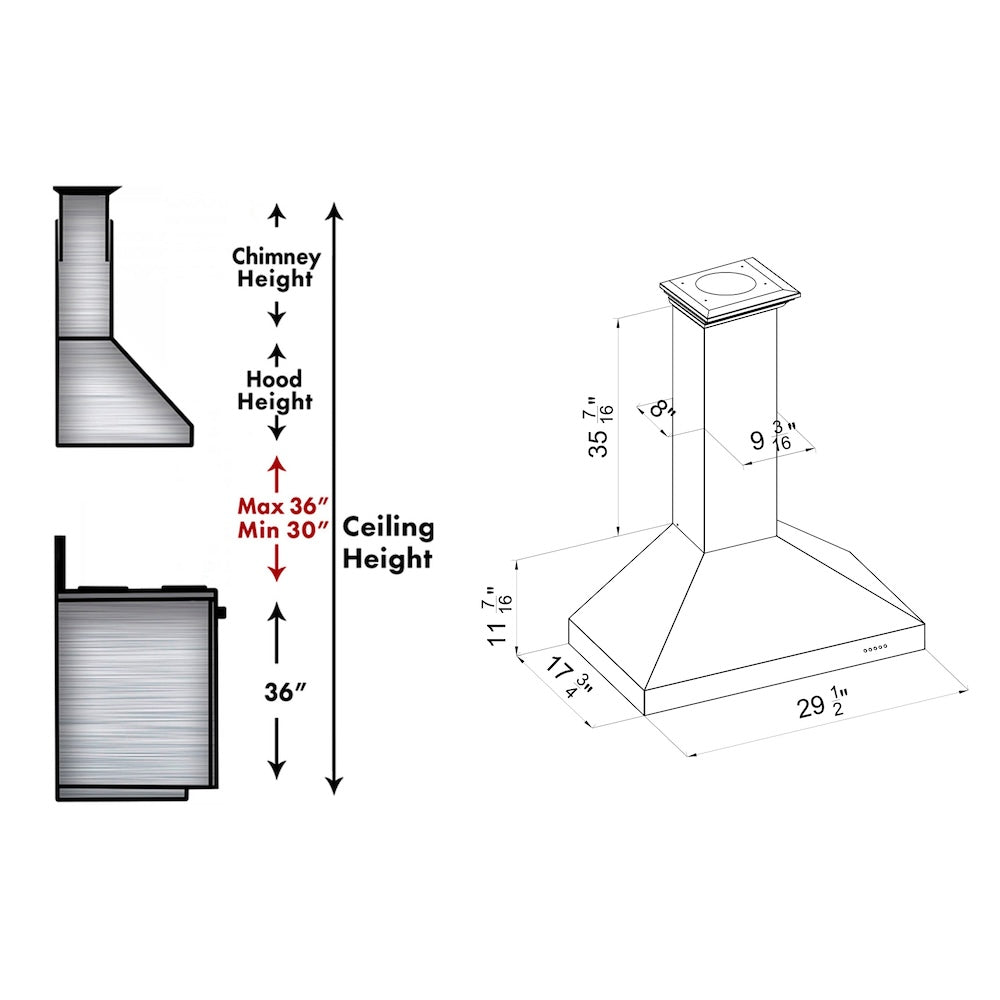 ZLINE Convertible Vent Wall Mount Range Hood in Satin Stainless Steel with Size Options (8KL3S) dimensional diagram.