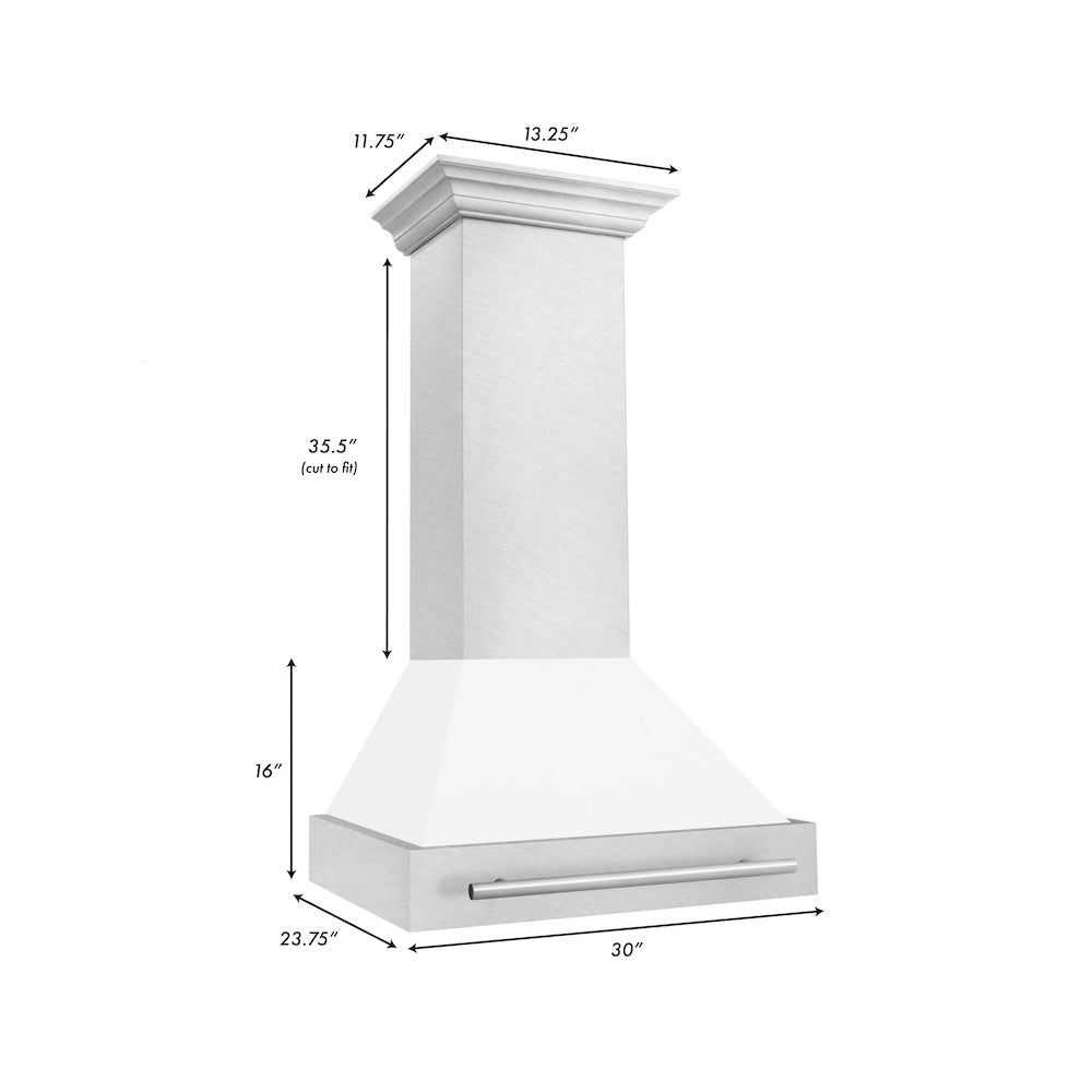 ZLINE 30 in. Satin Stainless Steel Wall Mount Range Hood with Colored Shell and Stainless Steel Handle (8654SNX-30) dimensional diagram.