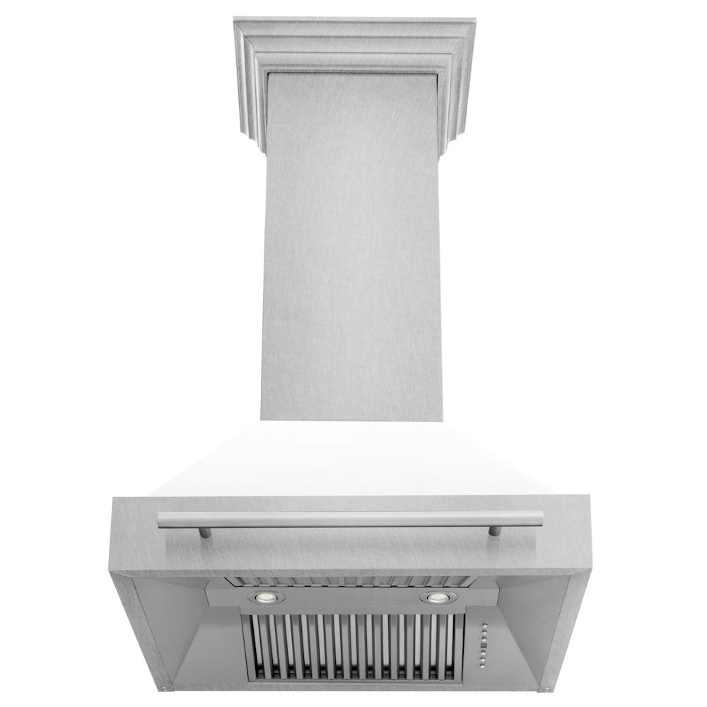 ZLINE 30 in. Satin Stainless Steel Wall Mount Range Hood with Colored Shell and Stainless Steel Handle (8654SNX-30) front, under.