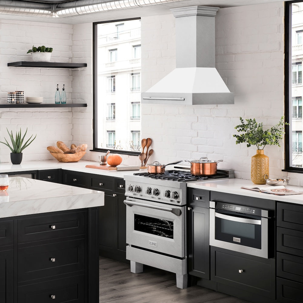 ZLINE 30 in. Satin Stainless Steel Wall Mount Range Hood with Colored Shell and Stainless Steel Handle (8654SNX-30)