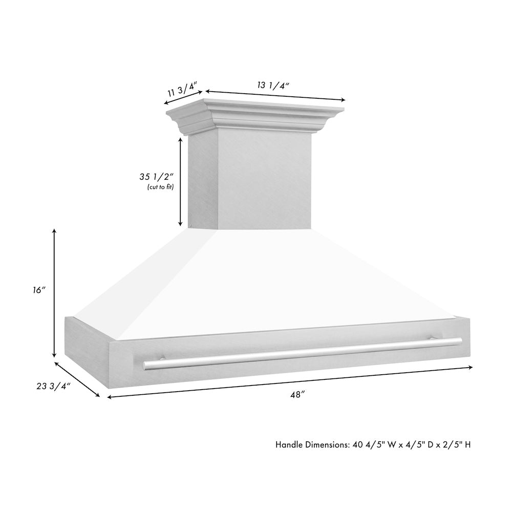 ZLINE 48 in. Satin Stainless Steel Wall Mount Range Hood with Colored Shell and Stainless Steel Handle (8654SNX-48) dimensional diagram.