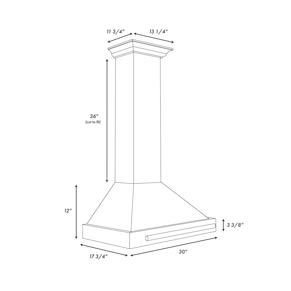 ZLINE 30 in. Convertible Satin Stainless Steel Wall Mount Range Hood with Colored Shell and Stainless Steel Handle (KB4SNX-30) dimensional diagram.