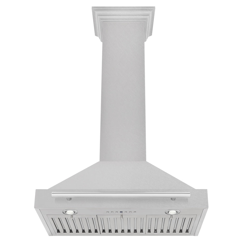 ZLINE 30 in. Convertible Satin Stainless Steel Wall Mount Range Hood with Colored Shell and Stainless Steel Handle (KB4SNX-30)
