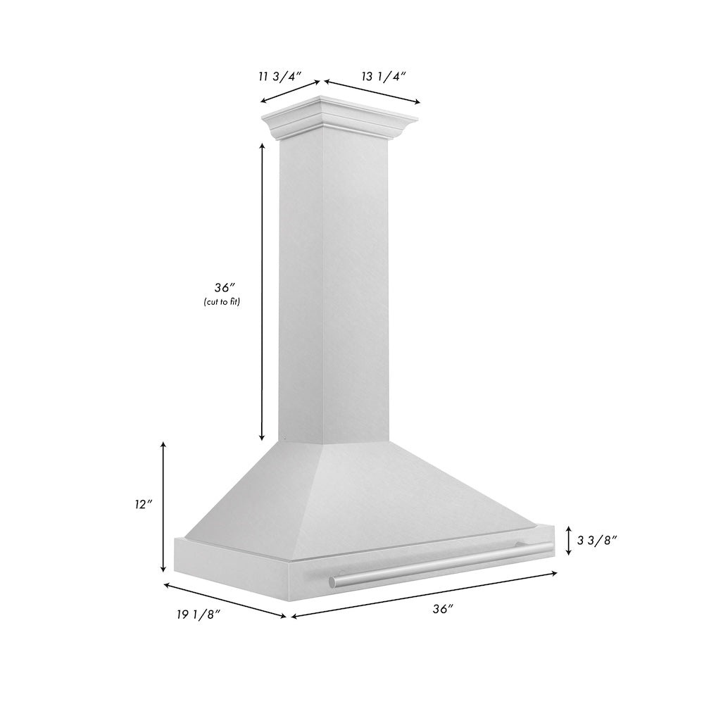 ZLINE 36 in. Convertible Fingerprint Resistant Satin Stainless Steel Range Hood with Colored Shell Options and Stainless Steel Handle (KB4SNX-36) dimensional diagram.