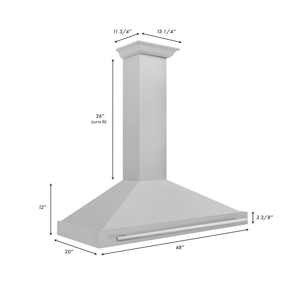 ZLINE 48 in. Convertible Satin Stainless Steel Wall Mount Range Hood with Colored Shell and Stainless Steel Handle (KB4SNX-48) dimensional diagram.